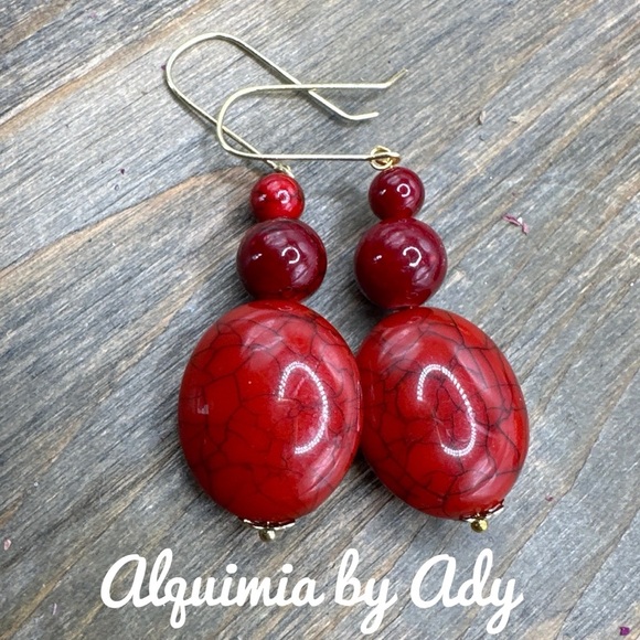 Gold Red turquoise big oversized dangle earrings cherry vibes - Picture 1 of 3